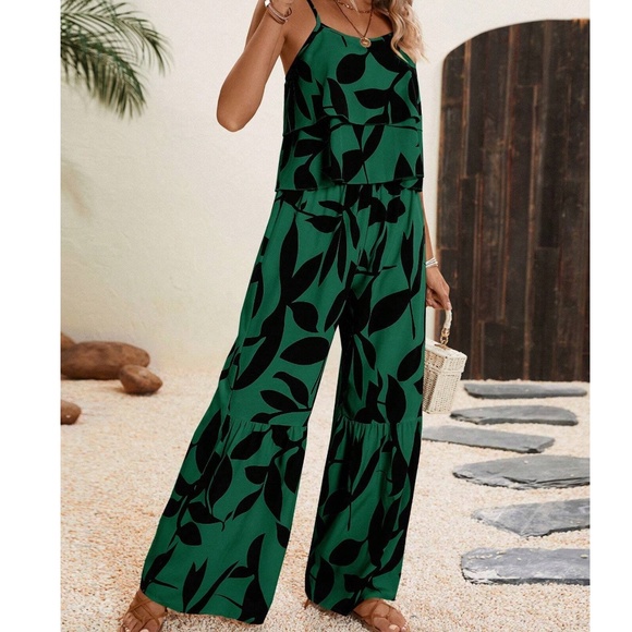 BellanBlue Pants - Boho Tropical plants Print Ruffle Cami Top Pants Set